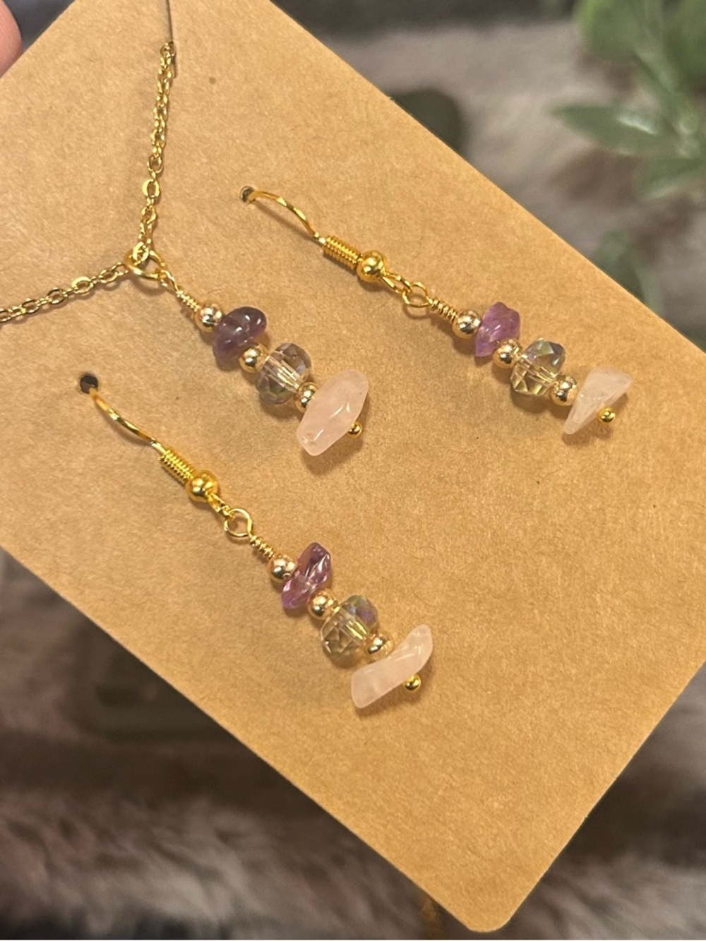Handcrafted amethyst rose quartz crystal necklace and earring set